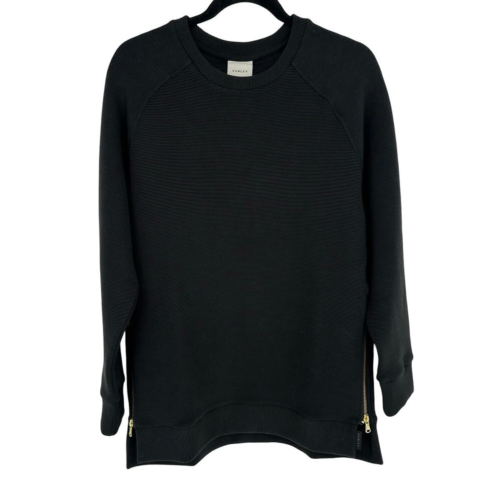 Varley Black Sweatshirt NWOT Gold Zipper Ottoman Ribbed Crew Neck S Athleisure